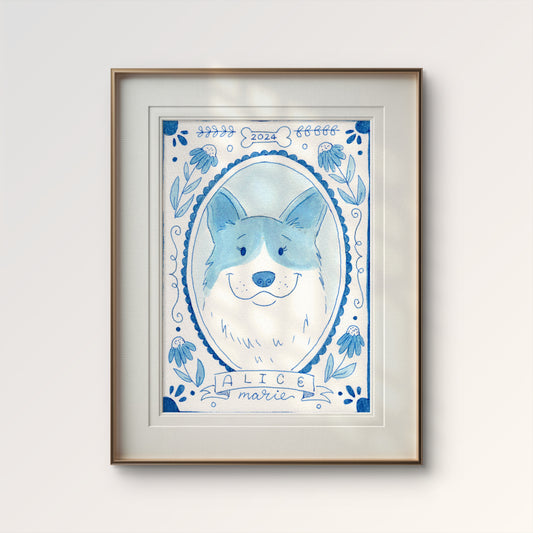 Blue & White Vintage-Inspired Pet Portrait