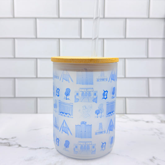 "Détroit" 16oz Frosted Glass Cup w/ Bamboo Lid & Glass Straw