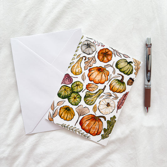 "Pumpkins & Leaves" 5x7 BLANK Greeting Card / Fine Art Print