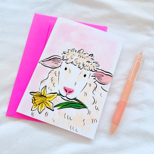 "Daffodil Sheep" 5x7 BLANK Greeting Card / Fine Art Print