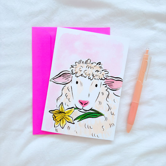 "Daffodil Sheep" 5x7 BLANK Greeting Card / Fine Art Print