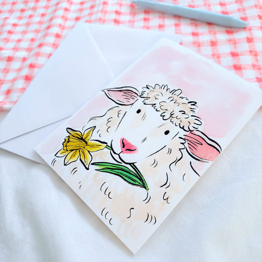 "Daffodil Sheep" 5x7 BLANK Greeting Card / Fine Art Print