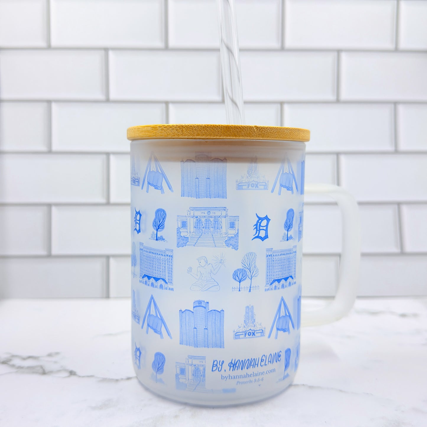 "Détroit" 16oz Frosted Glass Cup w/ Bamboo Lid & Glass Straw